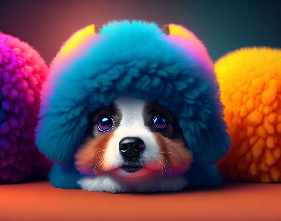 Illustrated Puppy in Colorful Hat Surrounded by Multicolored Spheres