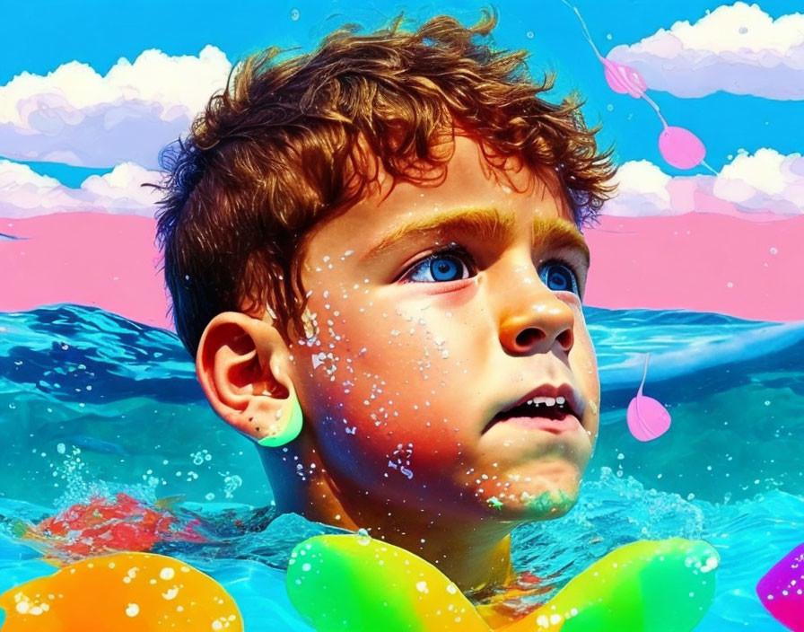 Child with curly hair swimming in pool with colorful floatation device