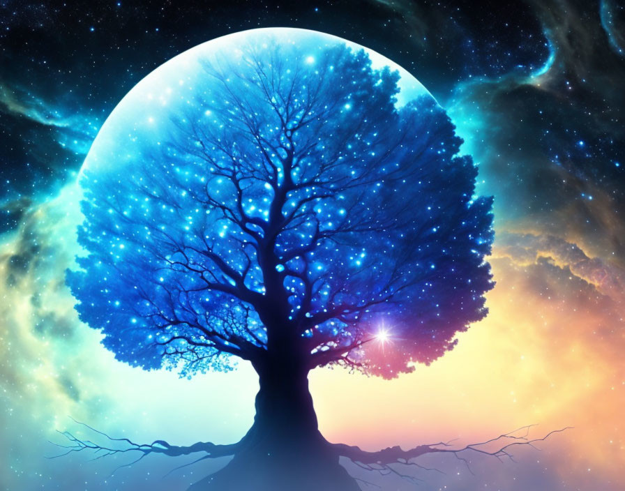 Solitary tree silhouette against cosmic backdrop with blue moon