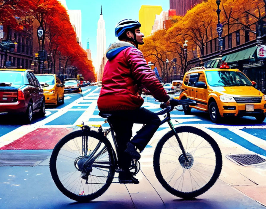 Cyclist in Red Jacket at City Crosswalk with Colorful Trees