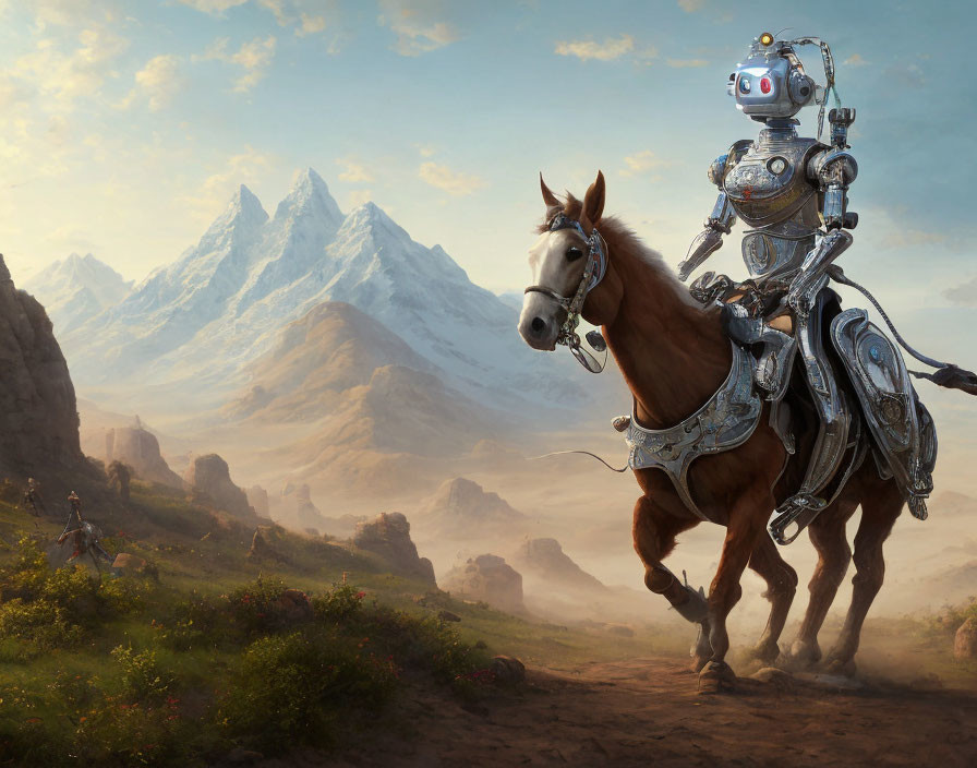 Ornate robot knight on horseback in scenic landscape