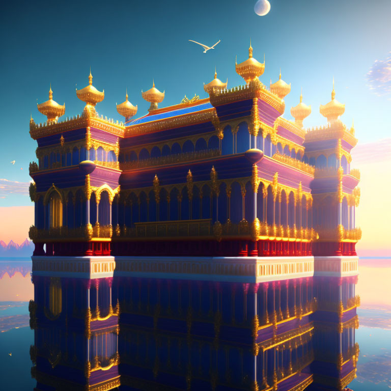 Palace with golden domes reflecting in water at sunset or sunrise