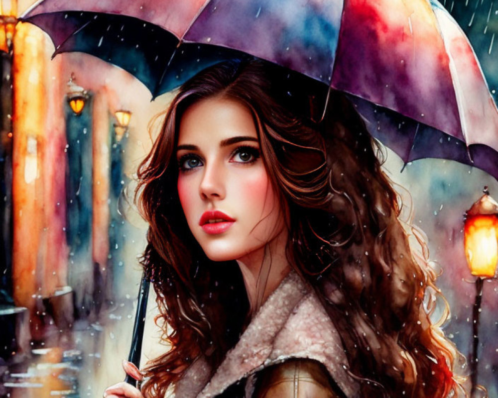 Woman with Long Wavy Hair Holding Umbrella in Rainy Lantern-Lit Street