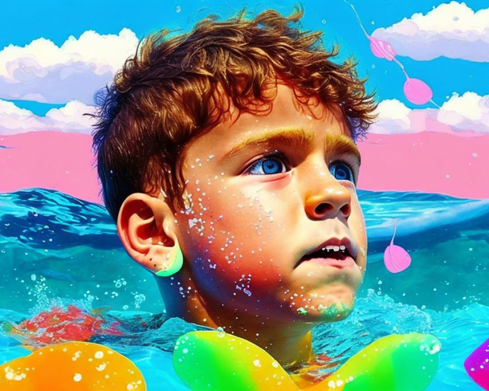 Child with curly hair swimming in pool with colorful floatation device