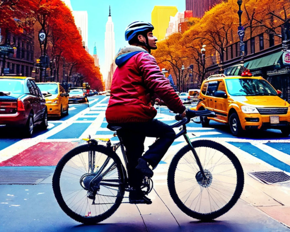 Cyclist in Red Jacket at City Crosswalk with Colorful Trees