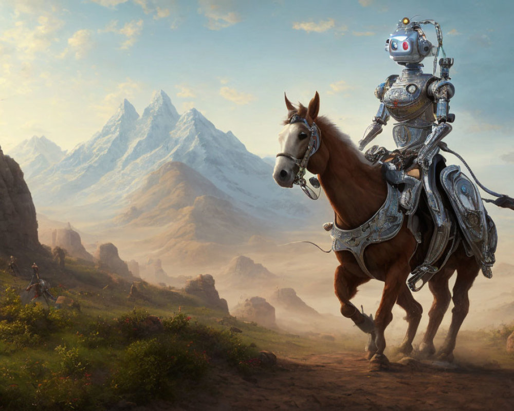 Ornate robot knight on horseback in scenic landscape