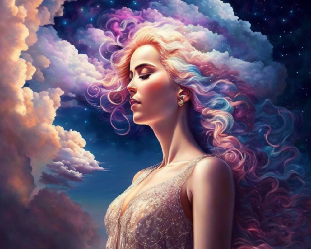 Illustration of woman with flowing hair in cosmic cloudscape