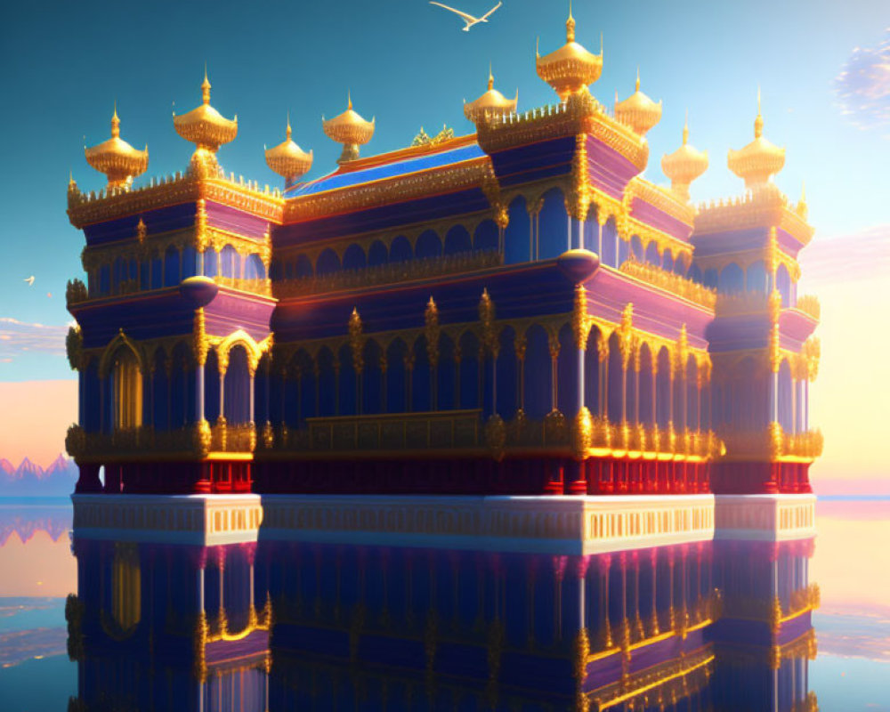 Palace with golden domes reflecting in water at sunset or sunrise