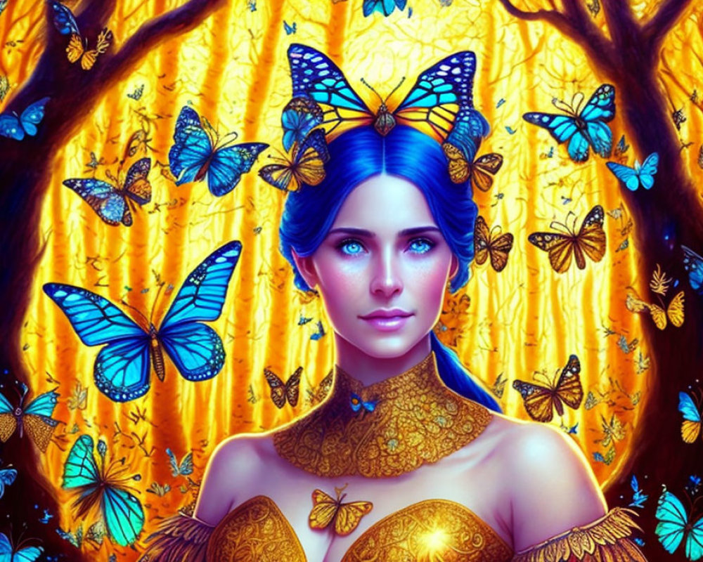 Fantastical portrait of woman with blue hair and butterflies in golden forest