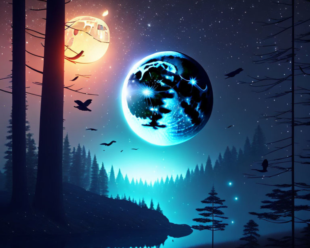 Surreal nighttime forest scene with starry sky and celestial bodies.