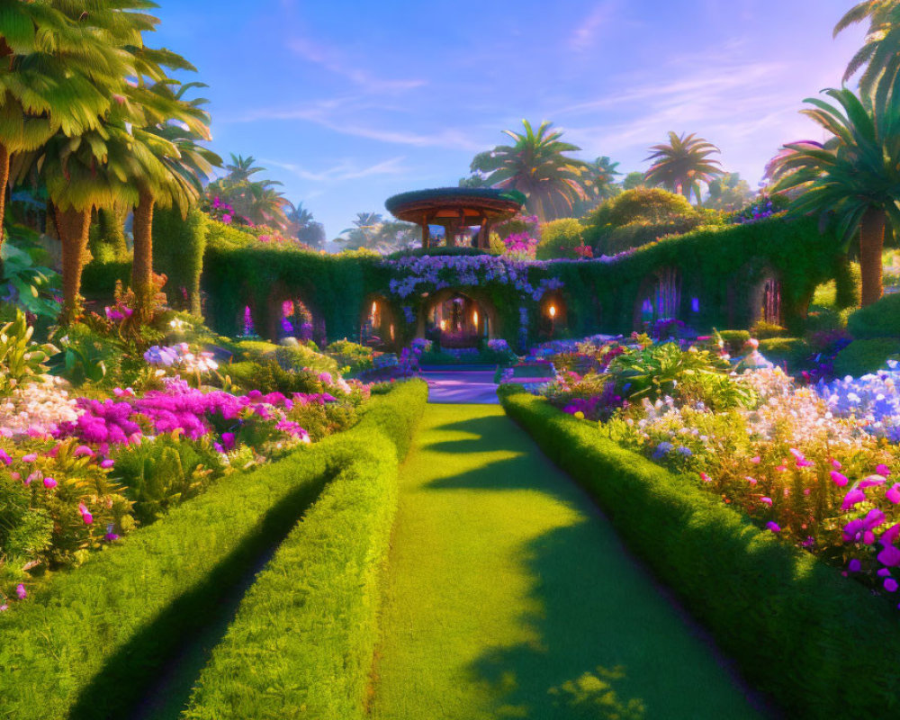 Lush flower-lined garden path to charming gazebo