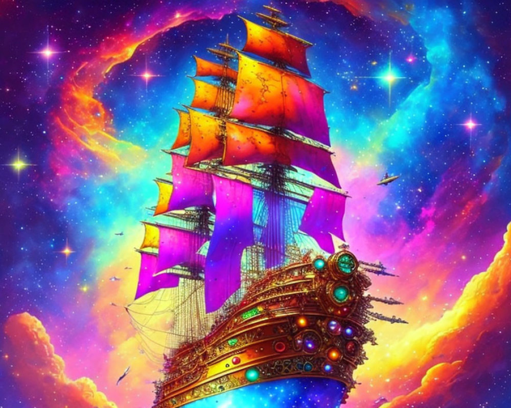 Colorful illustration: Old-fashioned sailing ship with purple sails in cosmic sky