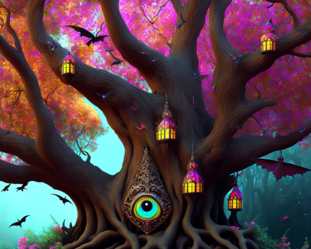 Mystical tree with eye, lanterns, pink foliage, bats, twilight backdrop