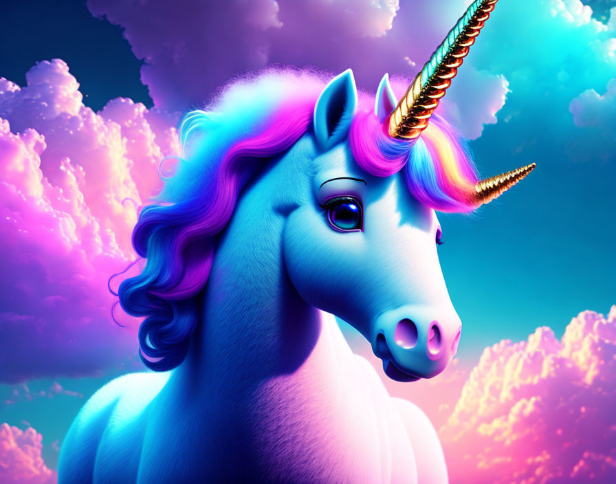 Colorful Unicorn with Rainbow Mane and Golden Horn in Vibrant Sky
