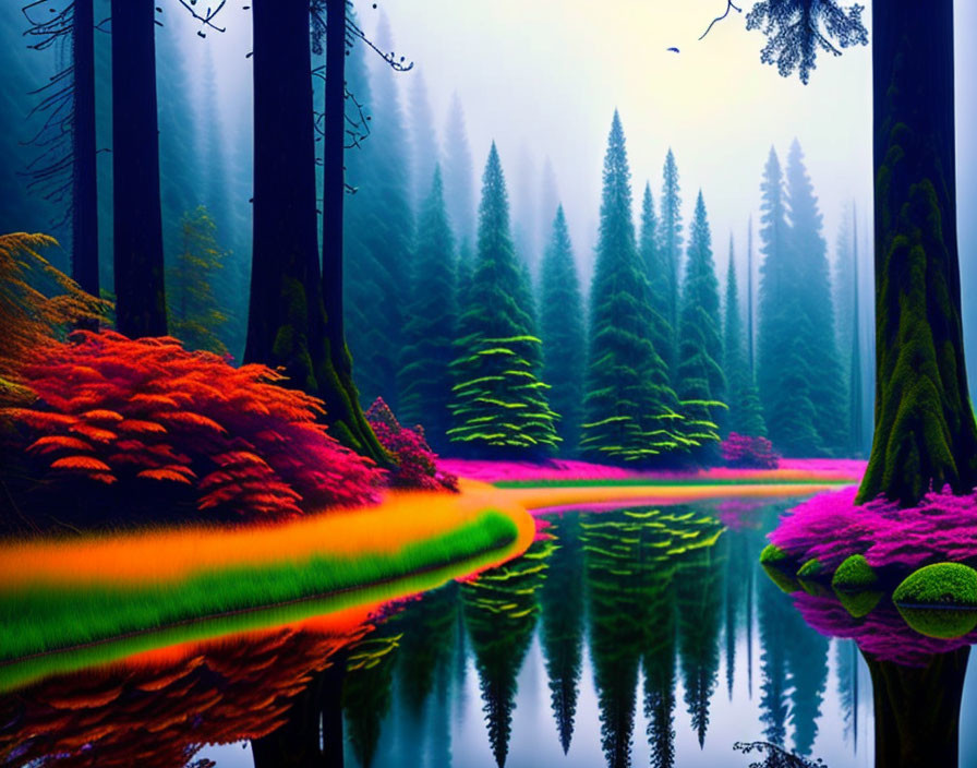 Colorful Forest with Tall Trees Reflecting in Tranquil River