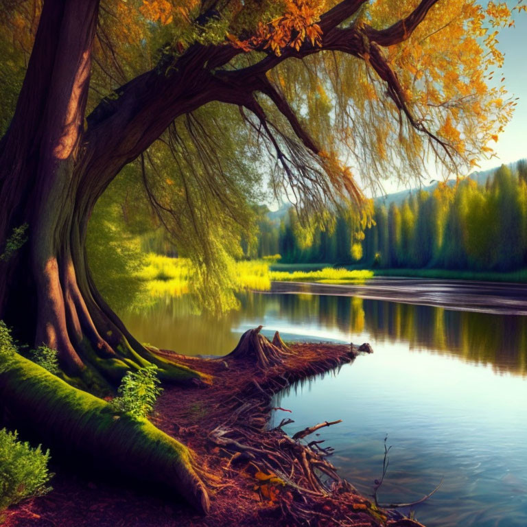 Tranquil riverside scene with large tree and autumn leaves reflected in water