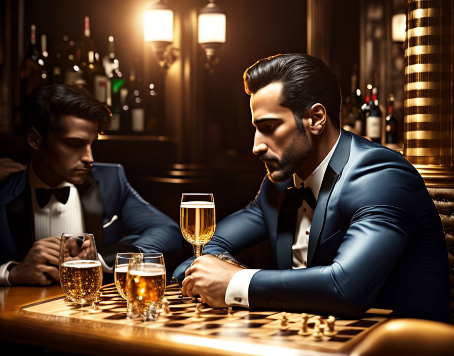 Men in suits playing chess in luxurious bar setting with drinks on table