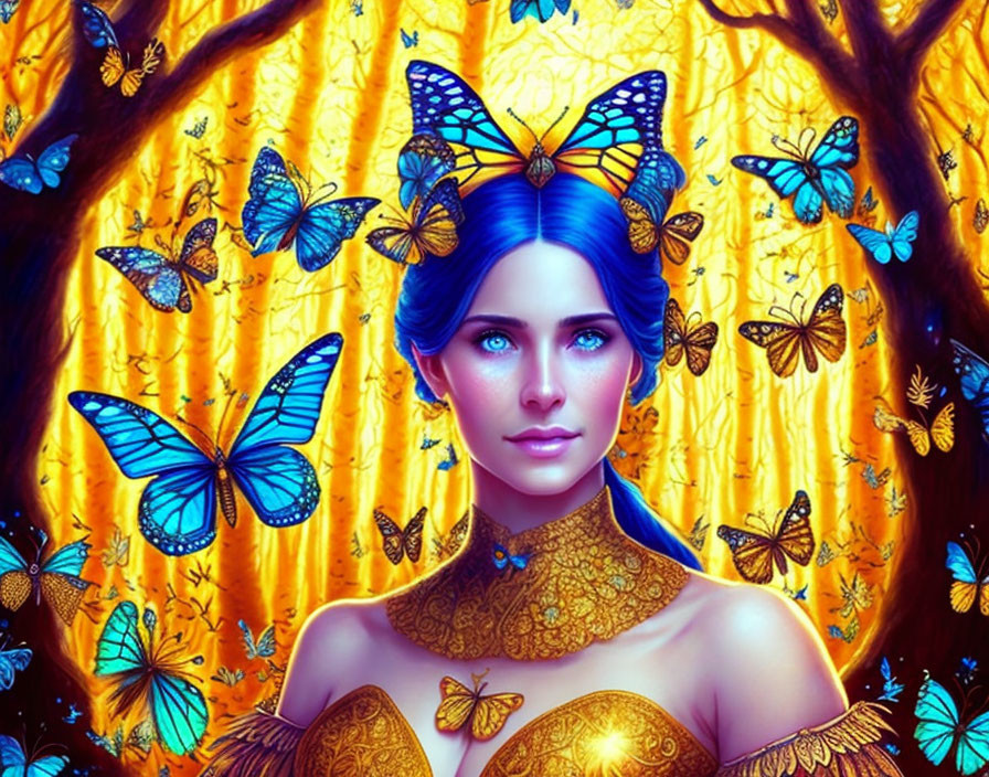 Fantastical portrait of woman with blue hair and butterflies in golden forest