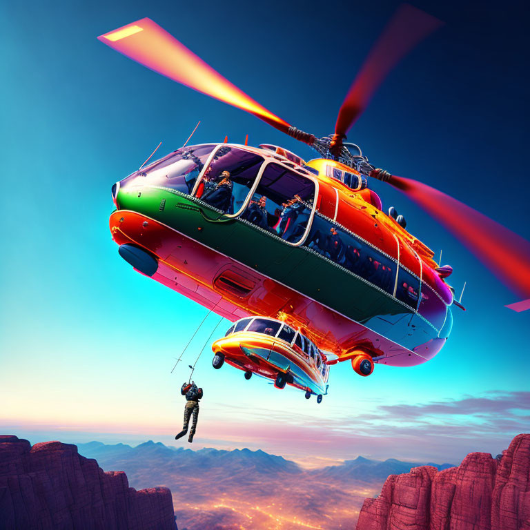 Helicopter rescues person with winch in purple sky above canyon