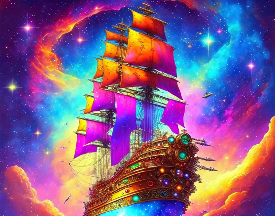 Colorful illustration: Old-fashioned sailing ship with purple sails in cosmic sky