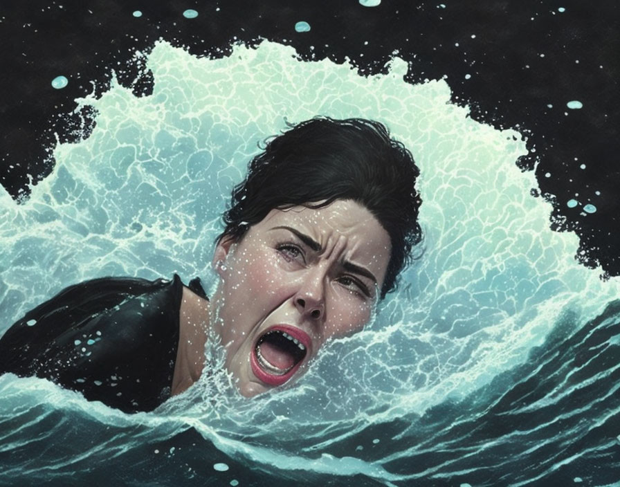Woman screaming submerged in water with waves around her head