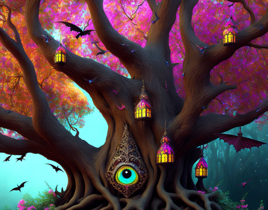 Mystical tree with eye, lanterns, pink foliage, bats, twilight backdrop