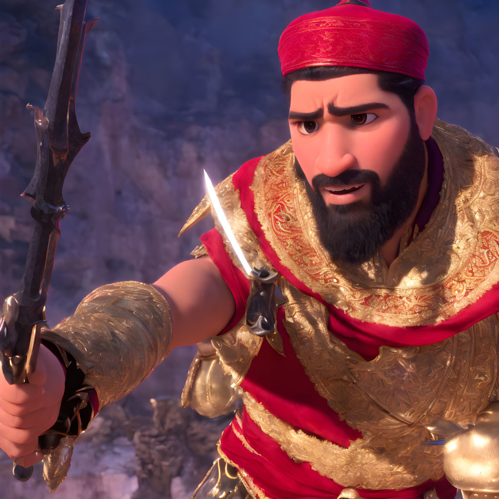 Animated character in red headband and gold armor with sword, against rocky backdrop