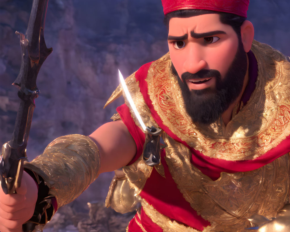 Animated character in red headband and gold armor with sword, against rocky backdrop