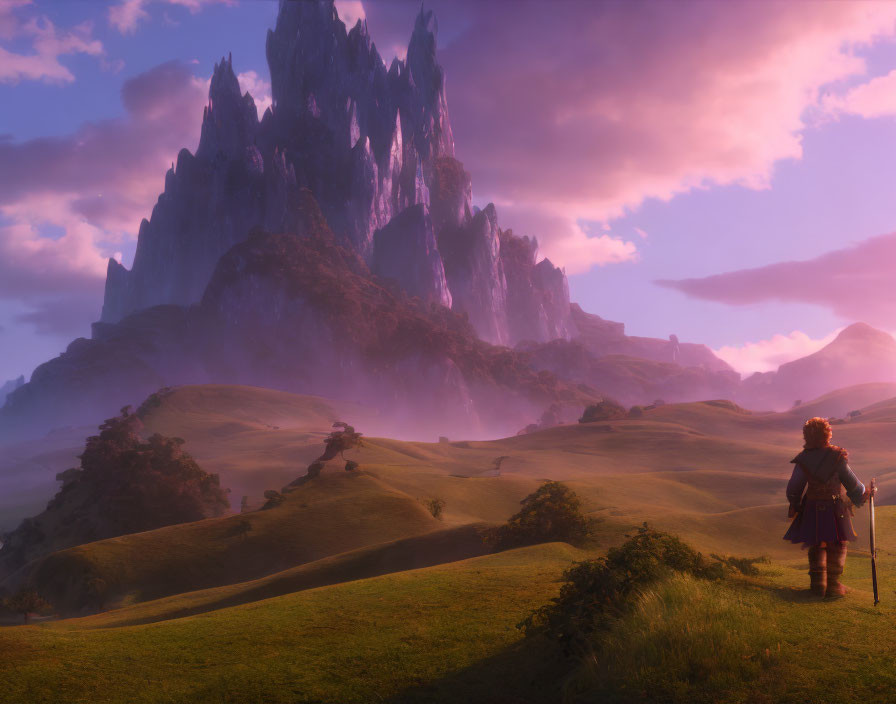 Hobbit gazes at mystical landscape with green hills, mountain, and pink sunset sky