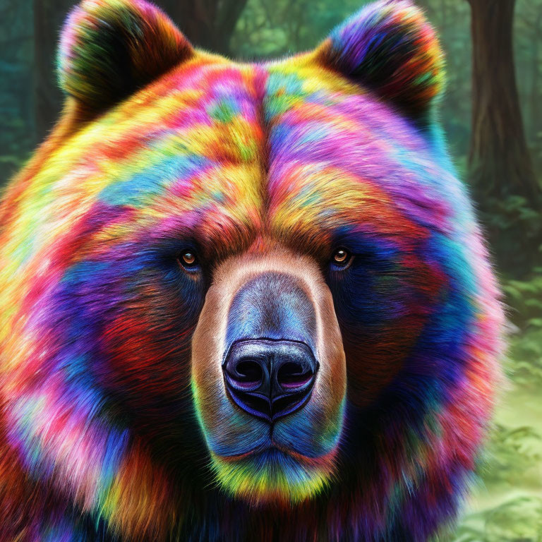 Realistic rainbow-hued bear in forest setting