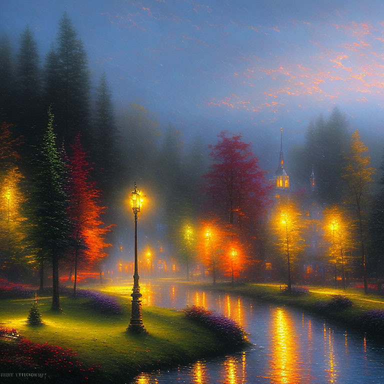 Tranquil twilight canal scene with lamp-lit pathway and autumn trees