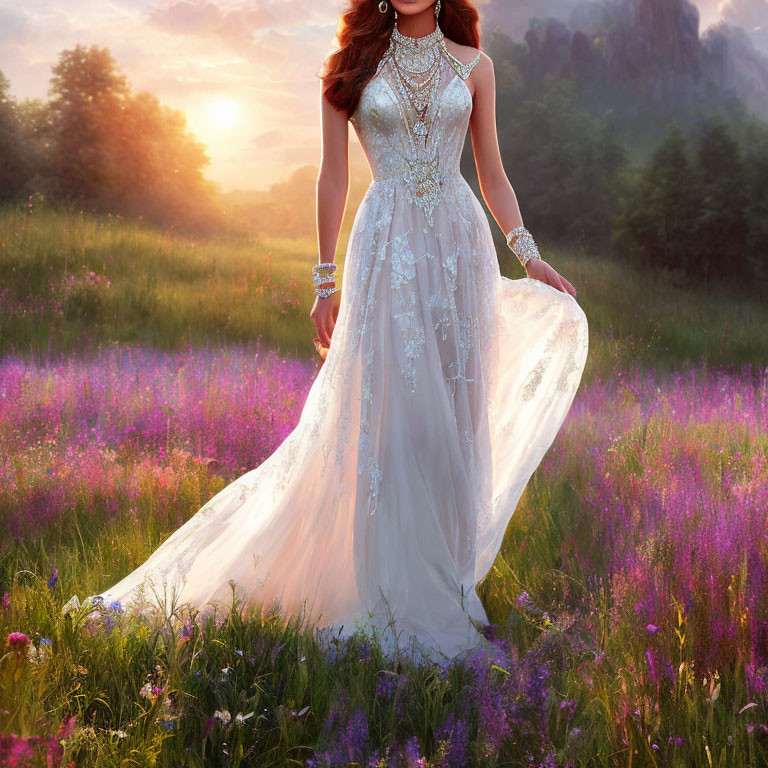 Woman in white dress standing in purple field at sunset