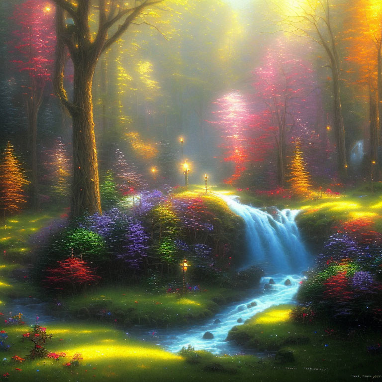 Enchanted forest scene with glowing waterfall and vibrant colors