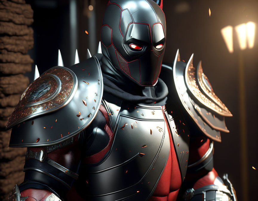 Detailed image: Person in stylized medieval armor with futuristic knight elements.