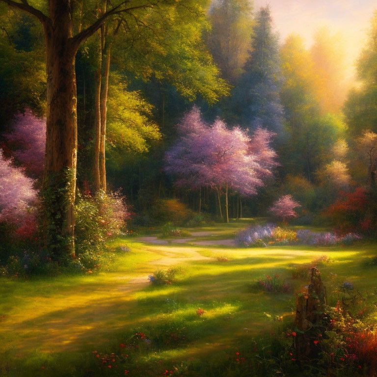 Tranquil forest path with sunlight and colorful flowers