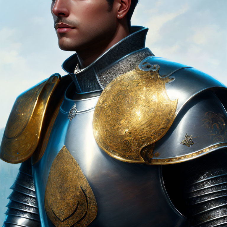 Gold-Etched Armor on Noble Knight in Thoughtful Pose