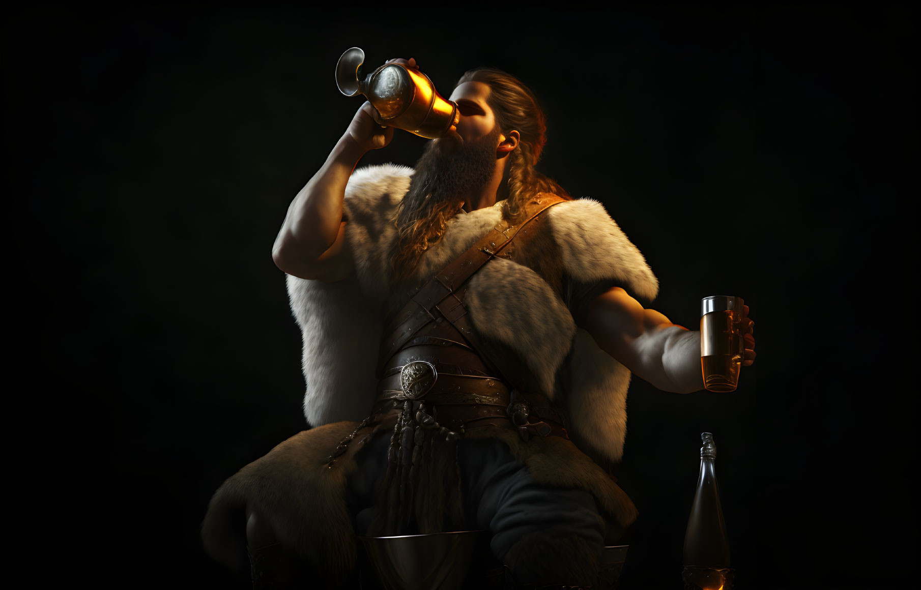 Bearded Viking man drinking from horn with metallic cup and bottles on dark background