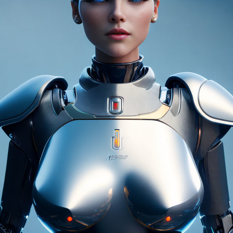 Realistic female humanoid robot in metallic armor on blue gradient background