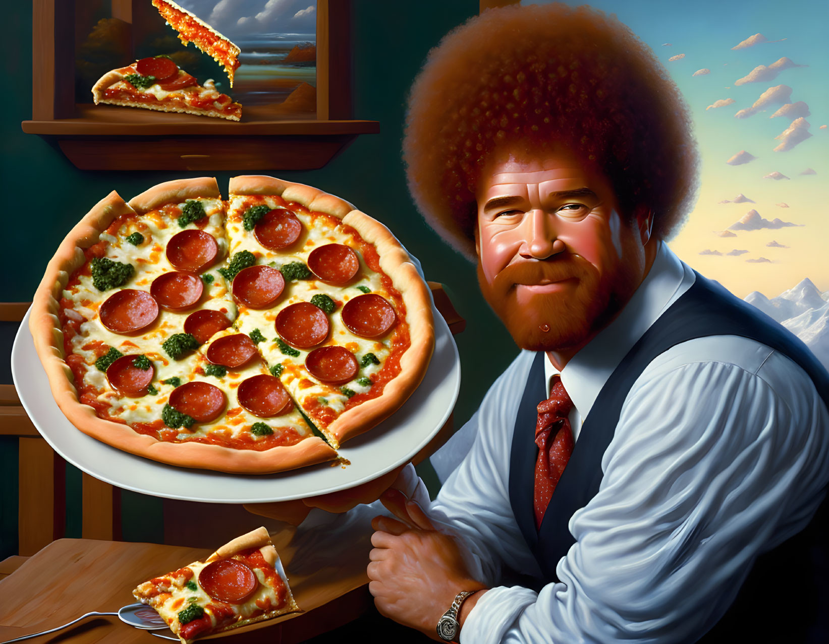 Smiling man with afro beside large pepperoni pizza and mountainous landscape