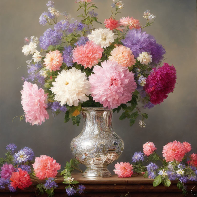 Silver vase with colorful peonies and lilacs on muted backdrop