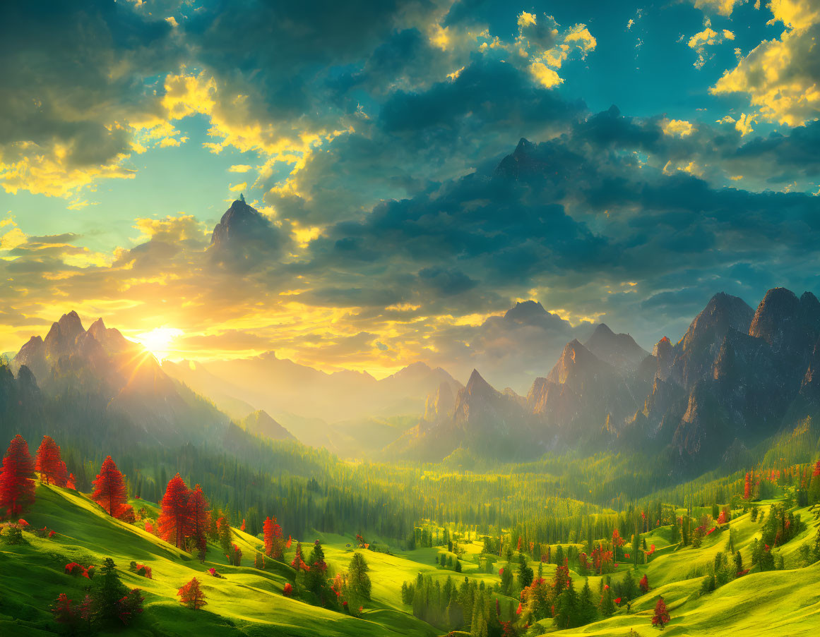 Scenic sunset over mountain landscape with green meadows