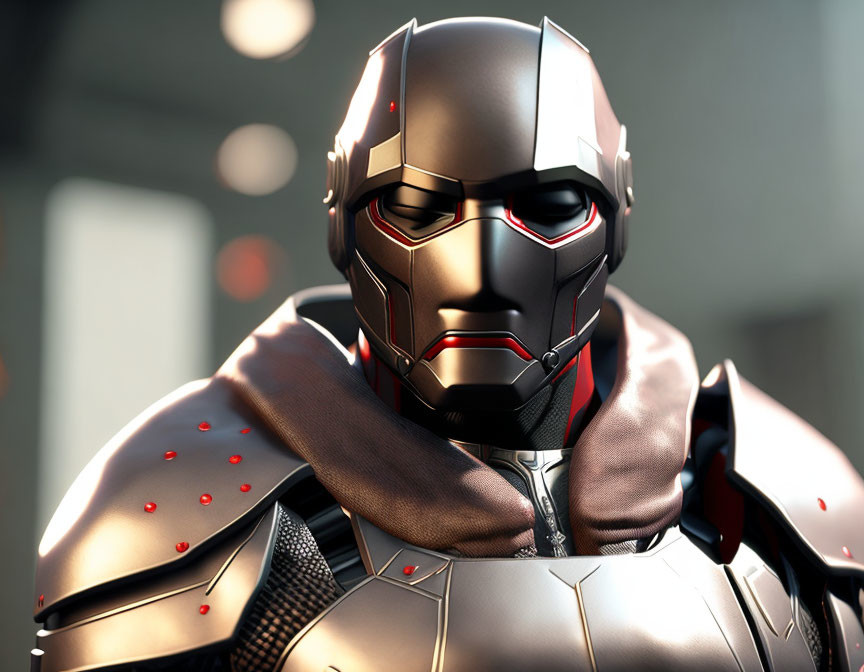 Detailed futuristic armored suit with metallic helmet and glowing red eyes