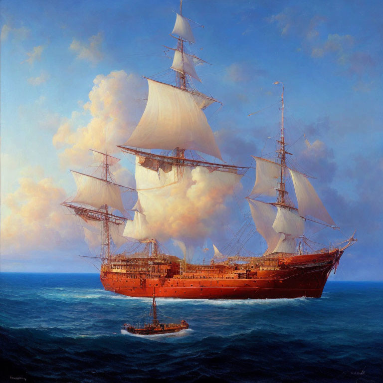 Majestic sailing ship oil painting on open sea with white sails