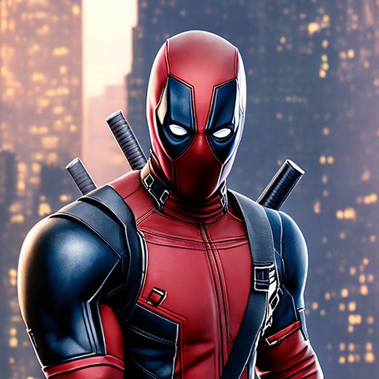 Red and Black Superhero Costume with Mask and Katanas in Cityscape Background