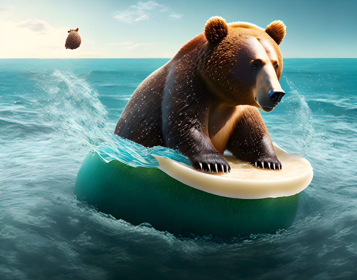 Bear surfing on kiwi slice with kiwi bird on fruit - Ocean scene