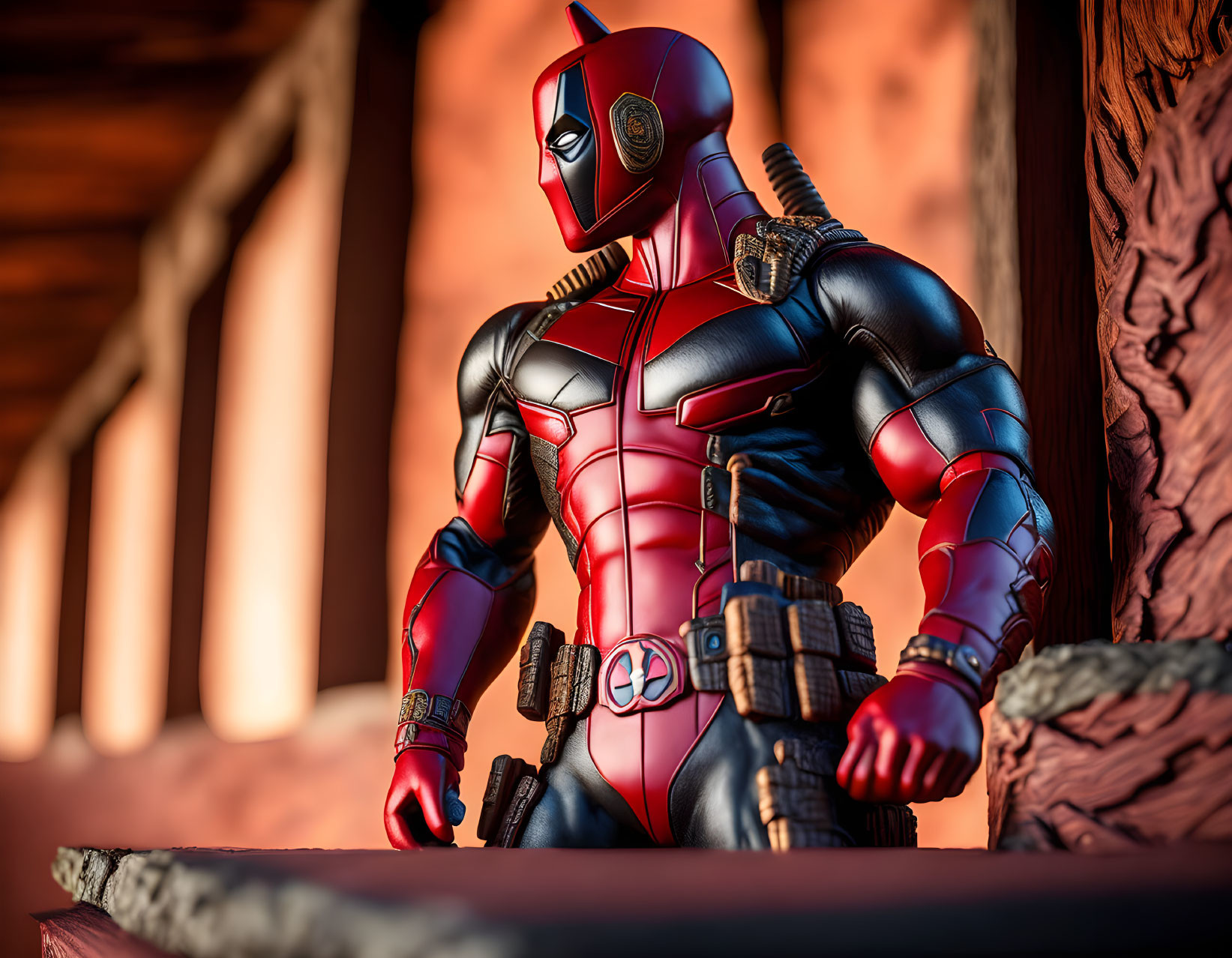 Detailed superhero figurine in red and black suit with utility belt and gloves posed against blurred background