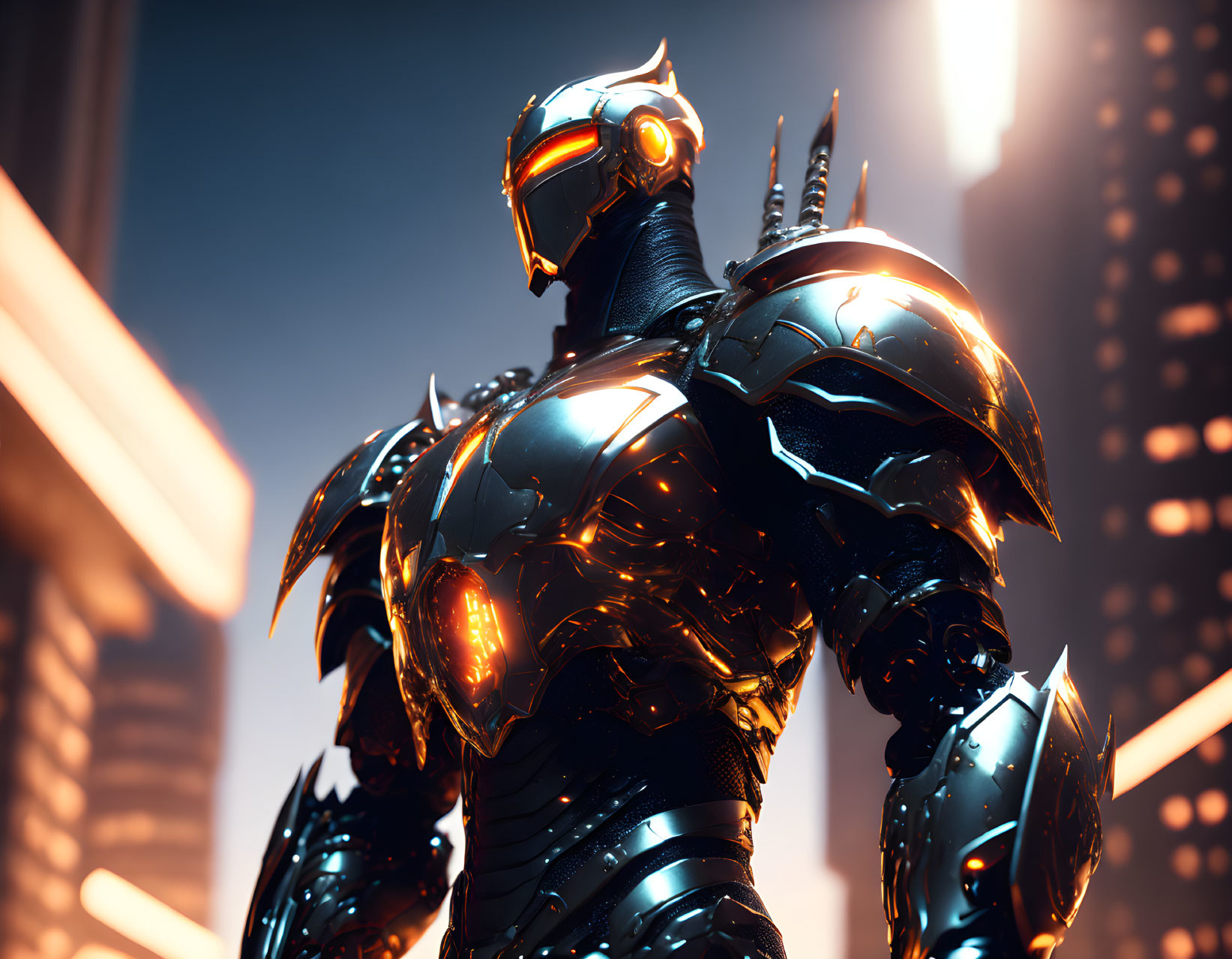 Futuristic armored robot with glowing orange visor in neon-lit urban setting