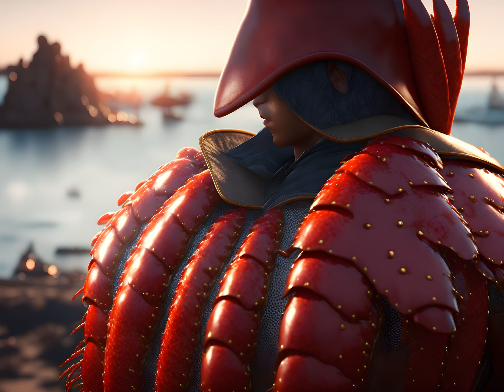 Detailed Red Lobster Armor Figure Contemplating Sunset over Calm Waters