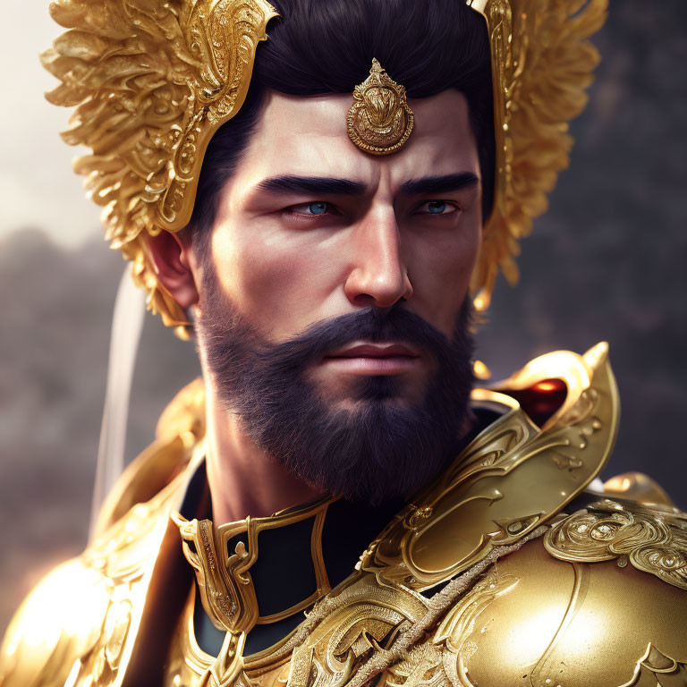 Bearded man in golden armor and headpiece exudes regal presence