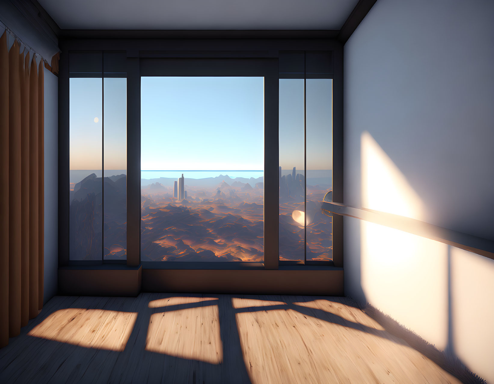 Room with Large Windows Displaying Desert Sunset Landscape